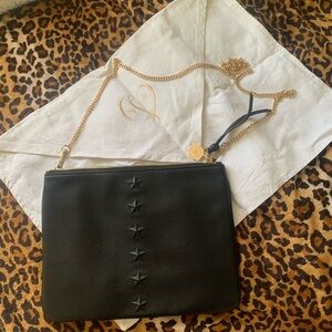 Black Leather Star-Embellished Clutch